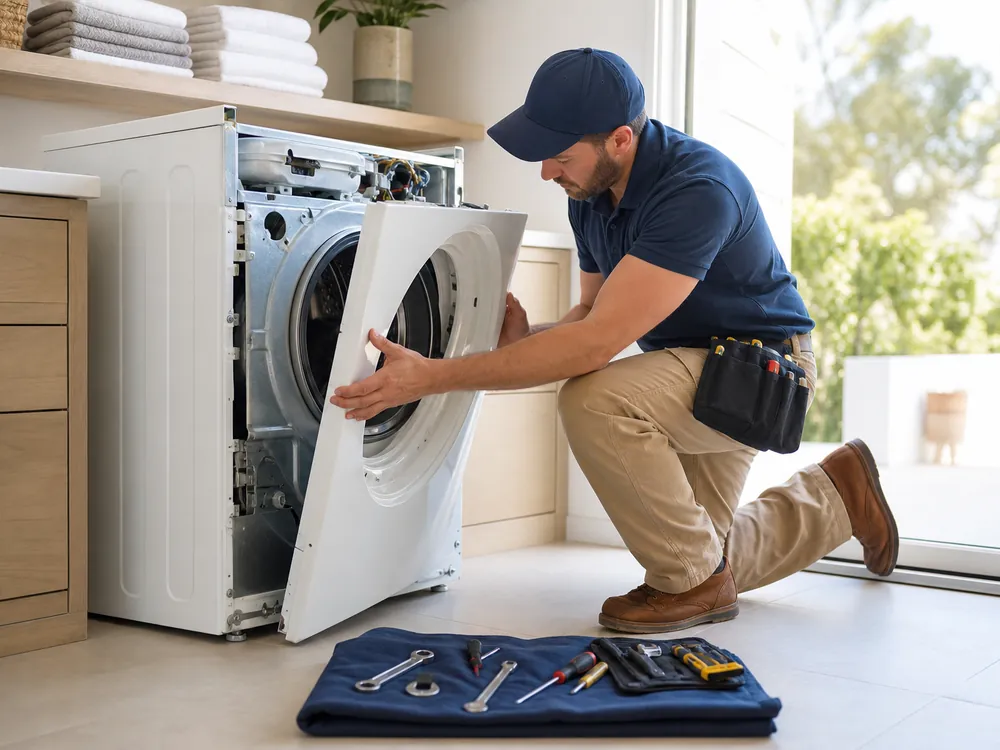 Technician removing the front panel of a front-load washing machine in a bright laundry room