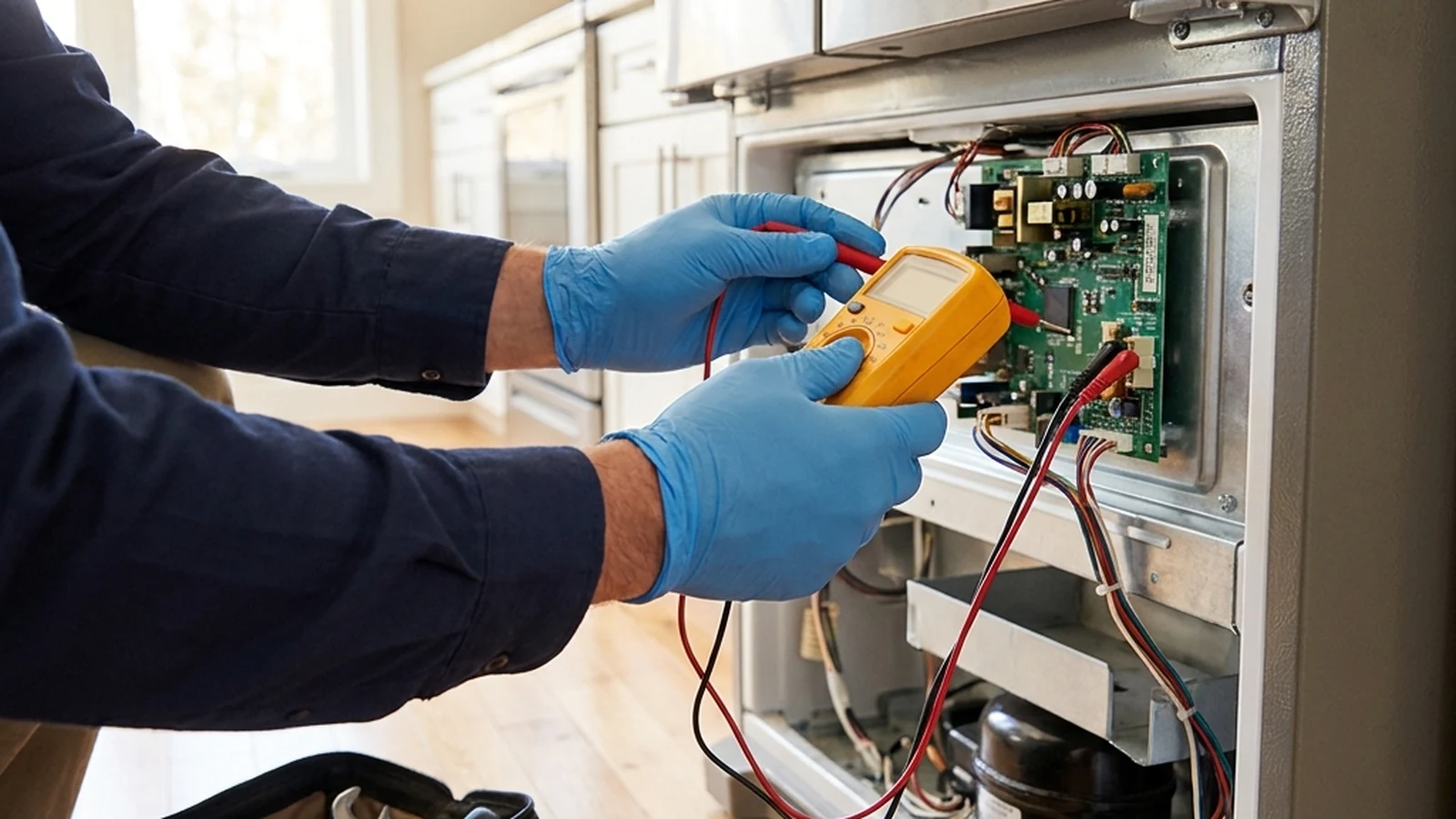 Technician testing an appliance control board with a multimeter