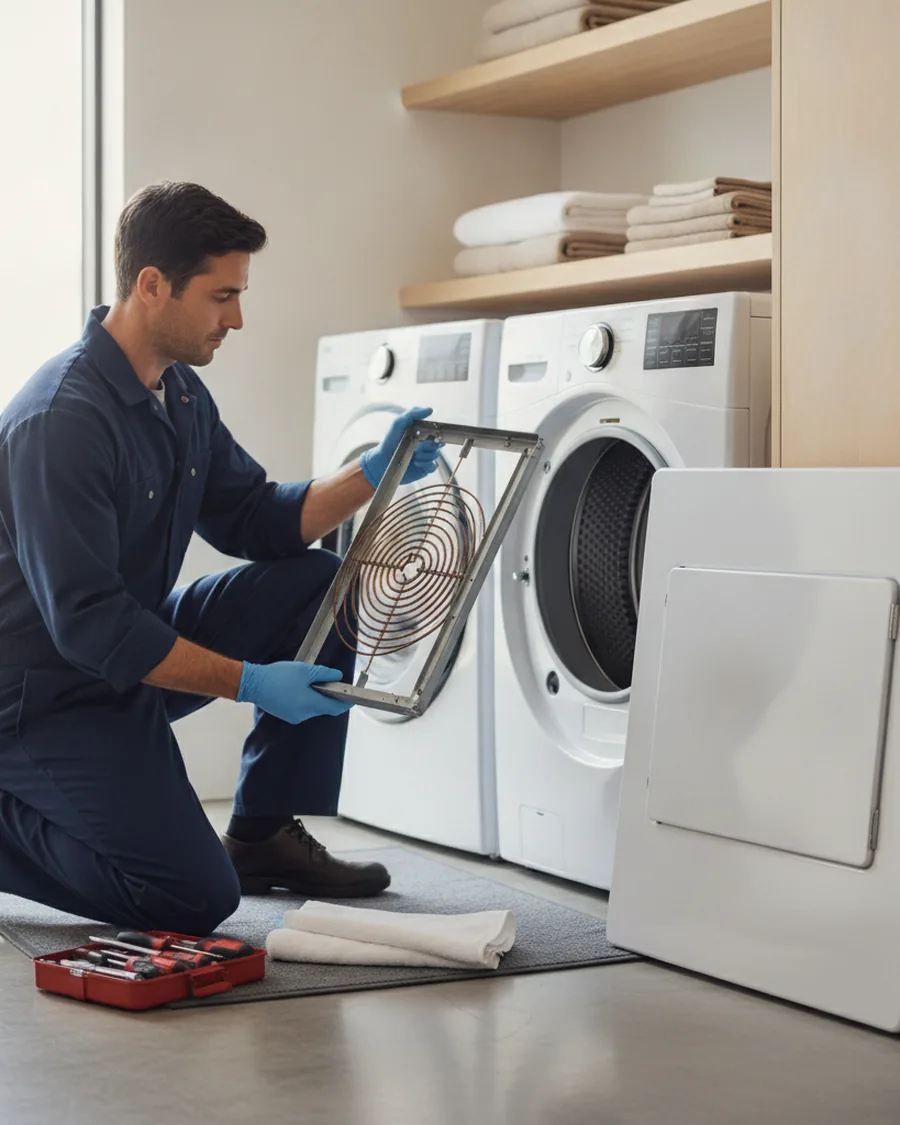 Technician holding the heating element removed from a front-load clothes dryer in a California laundry room