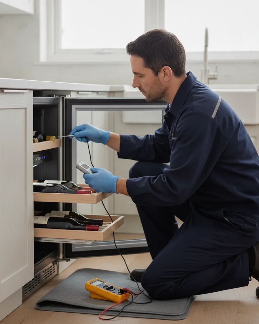 Technician checking the temperature inside an under-counter wine cooler with the shelves pulled out
